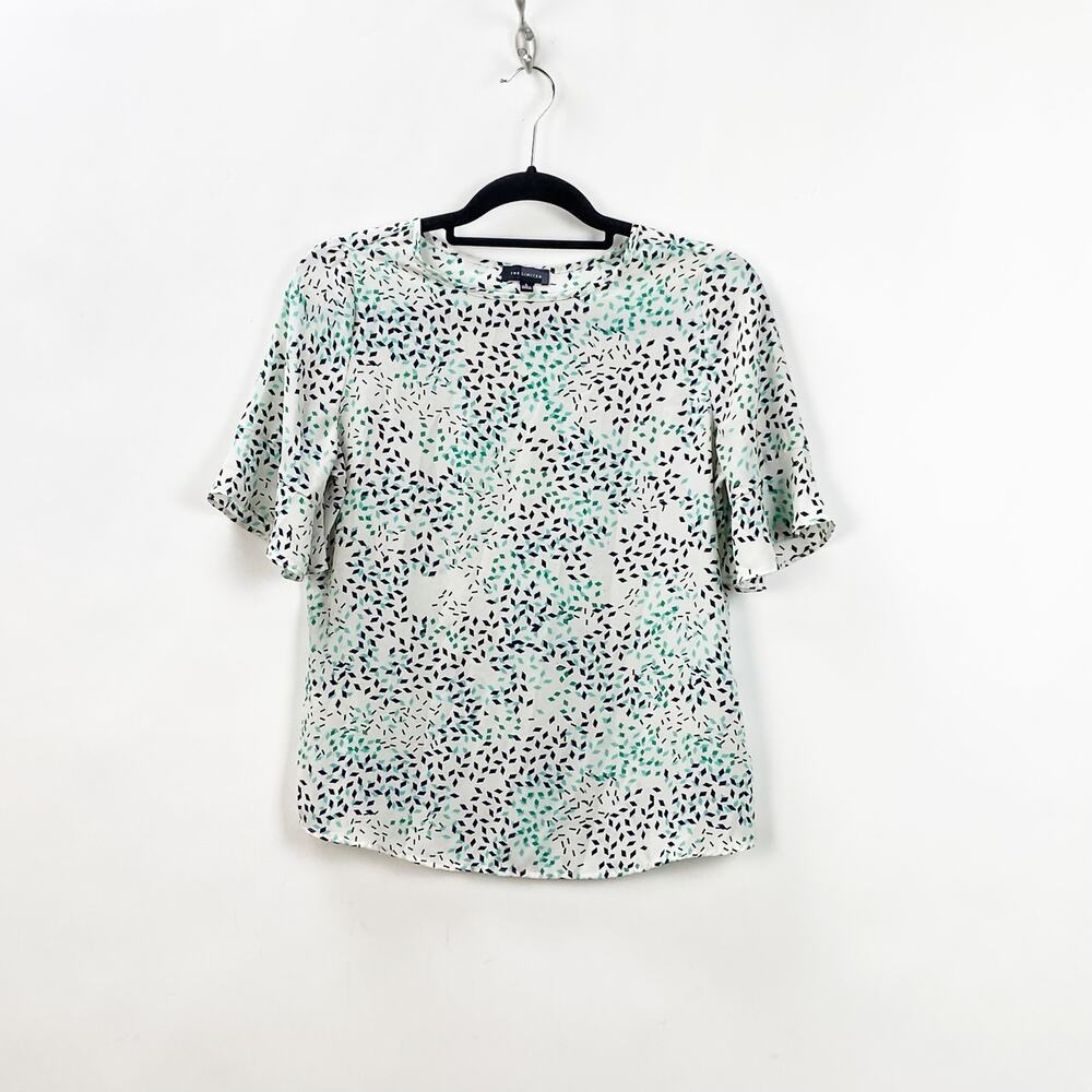 The Limited Small Womens White Green Black Print Sheer Blouse